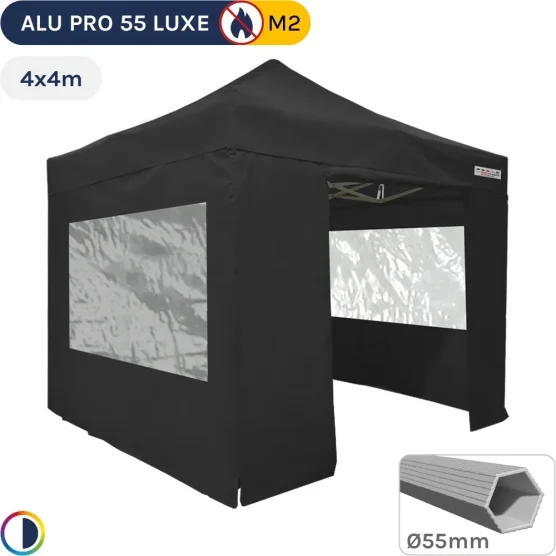 Barnum pliant Alu Pro 55 LUXE M2 4mx4m NOIR + Pack Fenêtres PVC 580gr/m²