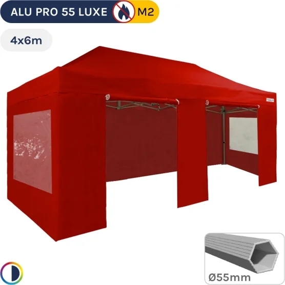 Barnum pliant Alu Pro 55 LUXE M2 4mx6m (4 pieds) ROUGE + Pack Fenêtres 580gr/m²