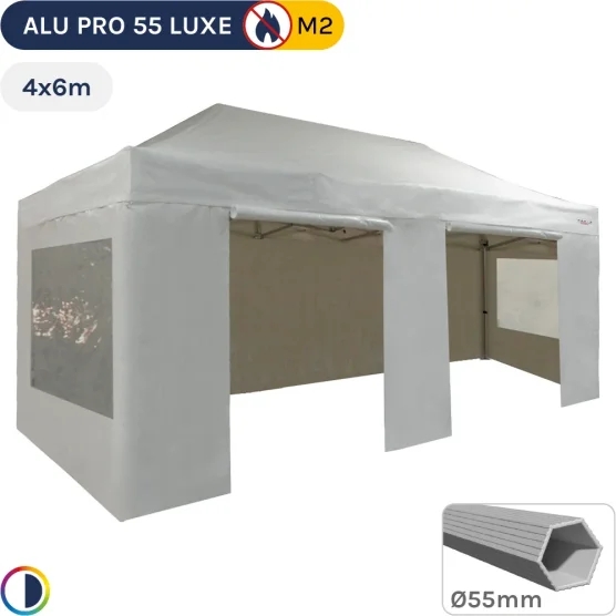 Barnum pliant Alu Pro 55 LUXE M2 4mx6m (4 pieds) BLANC + Pack Fenêtres 580gr/m²