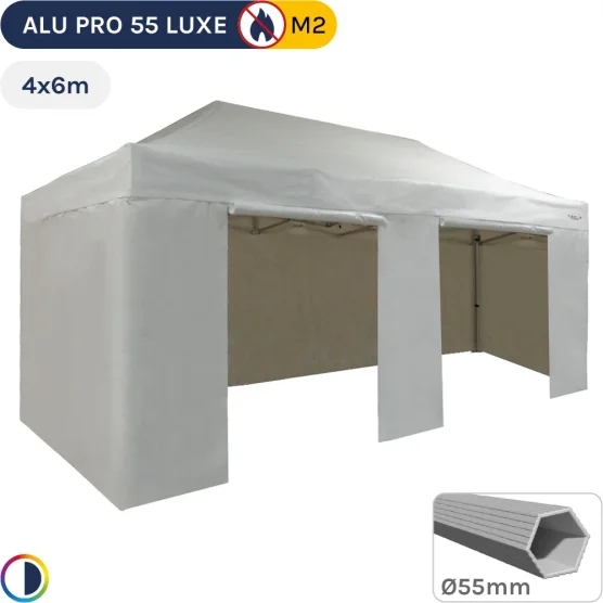 Barnum pliant Alu Pro 55 LUXE M2 4mx6m BLANC (4 pieds) + Pack Côtés 580gr/m²