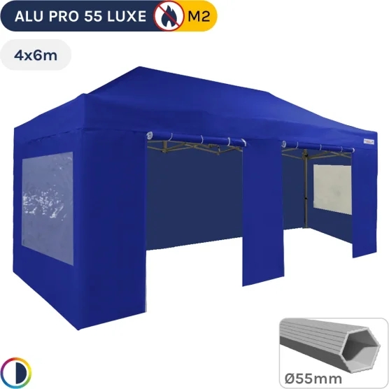 Barnum pliant Alu Pro 55 LUXE M2 4mx6m (4 pieds) BLEU + Pack Fenêtres 580gr/m²