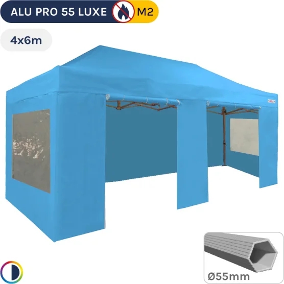 Barnum pliant Alu Pro 55 LUXE M2 4mx6m (4 pieds) BLEU CIEL + Pack Fenêtres 580gr/m²