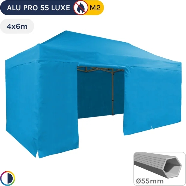 Barnum pliant Alu Pro 55 LUXE M2 4mx6m BLEU CIEL + Pack Côtés 580gr/m²