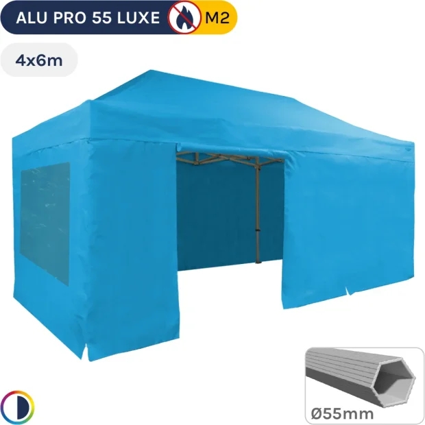 Barnum pliant Alu Pro 55 LUXE M2 4mx6m BLEU CIEL + Pack Fenêtres 580gr/m²