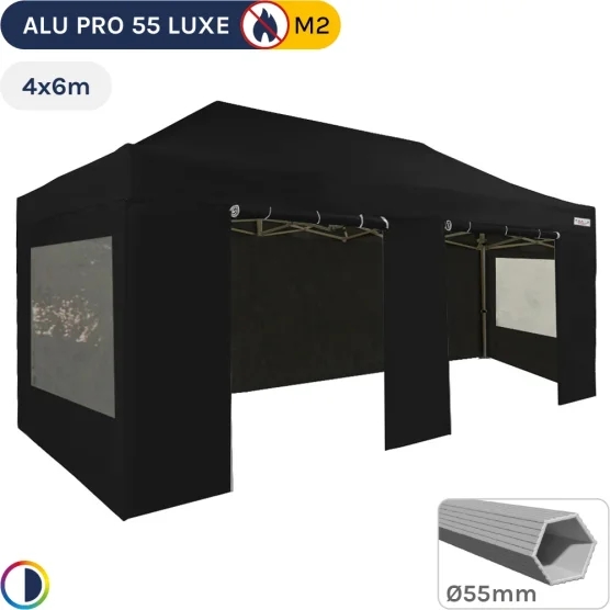 Barnum pliant Alu Pro 55 LUXE M2 4mx6m (4 pieds) NOIR + Pack Fenêtres 580gr/m²