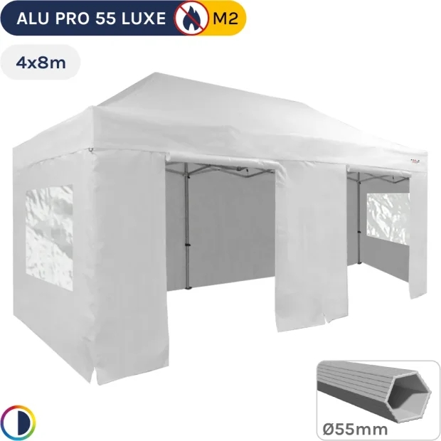 Barnum pliant Alu Pro 55 LUXE M2 4mx8m BLANC + Pack Fenêtres 580gr/m²