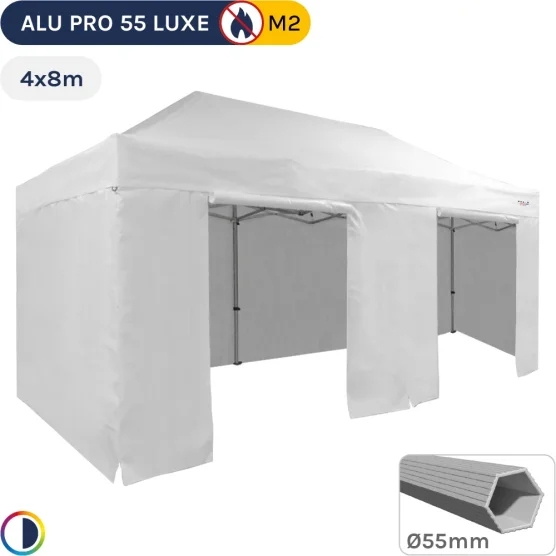 Barnum pliant Alu Pro 55 LUXE M2 4mx8m BLANC + Pack Côtés 580gr/m²