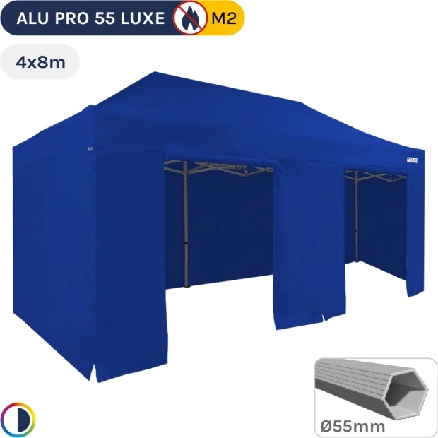 Barnum pliant Alu Pro 55 LUXE M2 4mx8m BLEU + Pack Côtés 580gr/m²