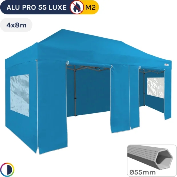 Barnum pliant Alu Pro 55 LUXE M2 4mx8m BLEU CIEL + Pack Fenêtres 580gr/m²