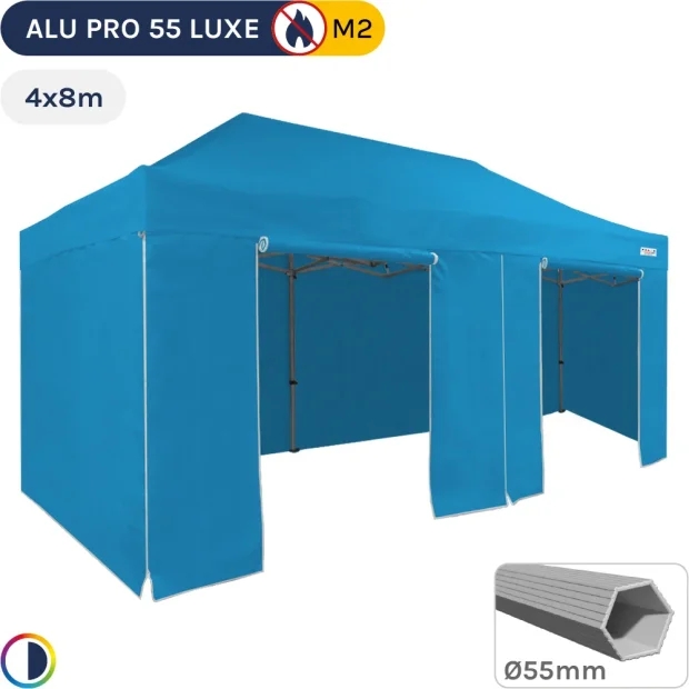 Barnum pliant Alu Pro 55 LUXE M2 4mx8m BLEU CIEL + Pack Côtés 580gr/m²