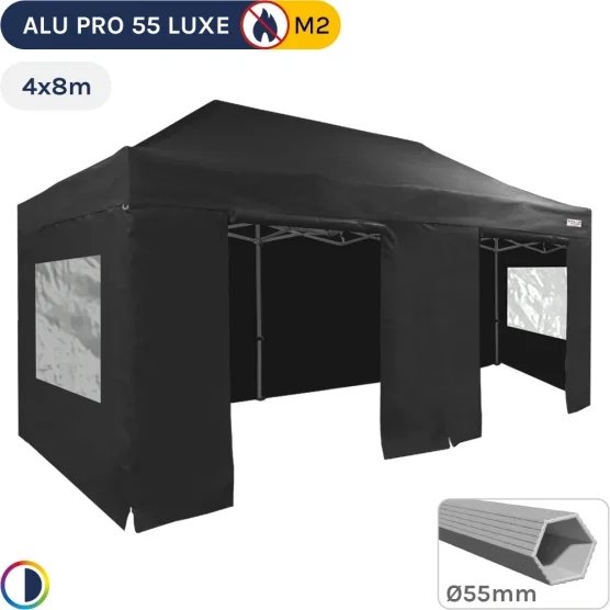 Barnum pliant Alu Pro 55 LUXE M2 4mx8m NOIR + Pack Fenêtres 580gr/m²