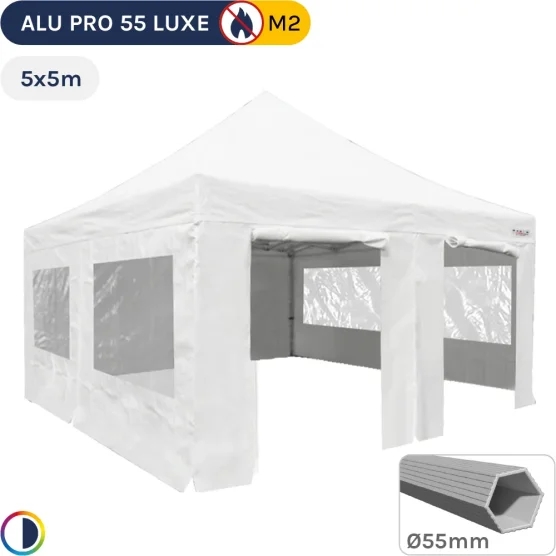 Barnum pliant Alu Pro 55 LUXE M2 5mx5m BLANC + Pack Fenêtres 580gr/m²