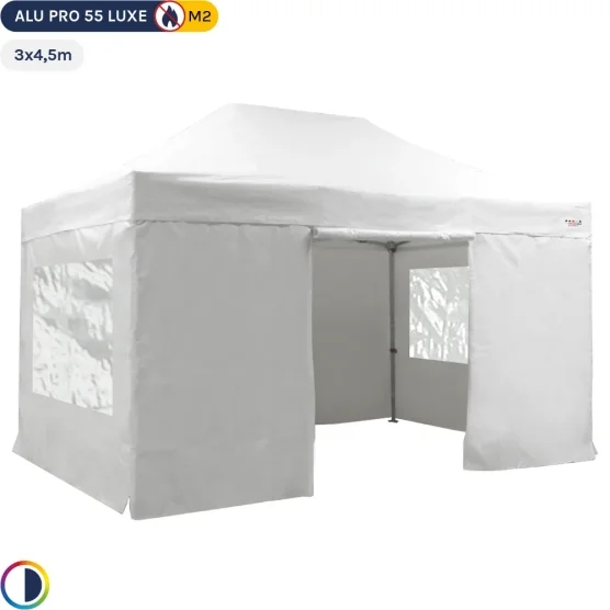 Barnum pliant Alu Pro 55 LUXE M2 3mx4,5m BLANC + Pack Fenêtres 580gr/m²