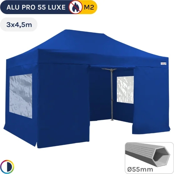 Barnum pliant Alu Pro 55 LUXE M2 3mx4,5m en PVC 580g/m² BLEU + Pack Fenêtres