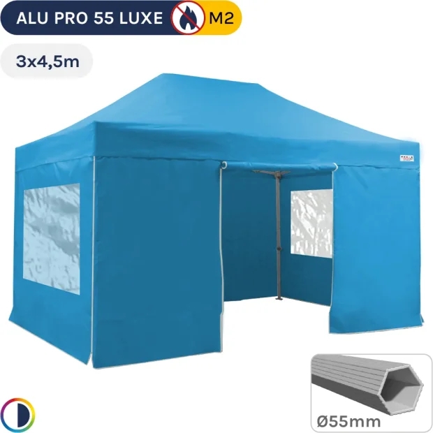 Barnum pliant Alu Pro 55 LUXE M2 3mx4,5m BLEU CIEL + Pack Fenêtres 580gr/m²