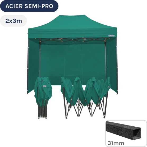 Barnum pliant - Tonnelle Acier Semi Pro 2mx3m VERT EMERAUDE avec Pack 4 Côtés