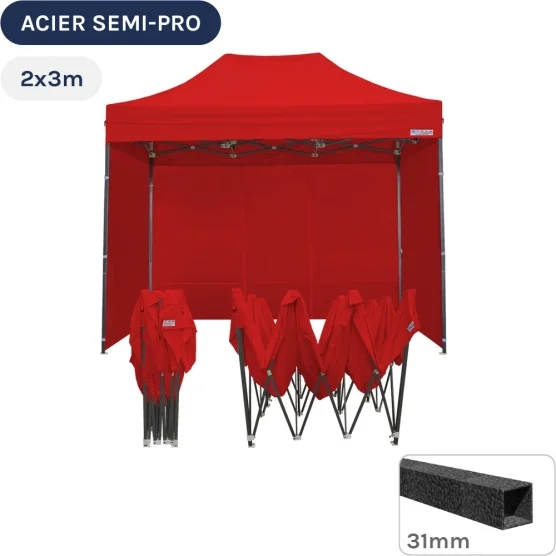 Barnum pliant - Tonnelle Acier Semi Pro 2mx3m ROUGE avec Pack 4 Côtés