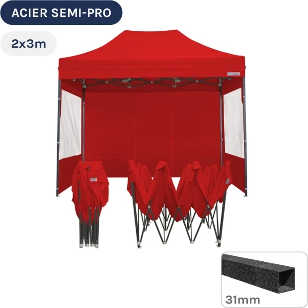 Barnum pliant - Tonnelle Acier Semi Pro 2mx3m ROUGE avec Pack Fenêtres