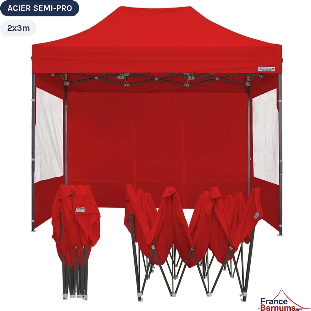 Tente Pliante Tonnelle Acier Semi Pro 2mx3m ROUGE avec Pack Fenêtres