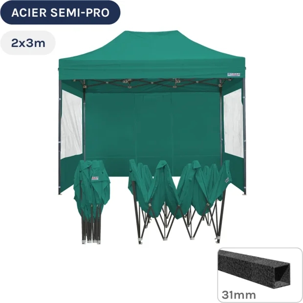 Barnum pliant - Tonnelle Acier Semi Pro 2mx3m VERT EMERAUDE avec Pack Fenêtres