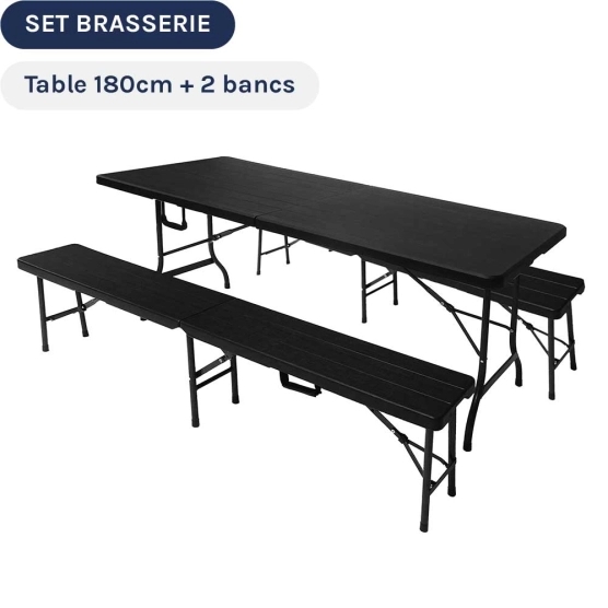 Pack TABLE RECTANGULAIRE pliante 1,80m + 2 BANCS pliants en HDPE noir imitation Bois