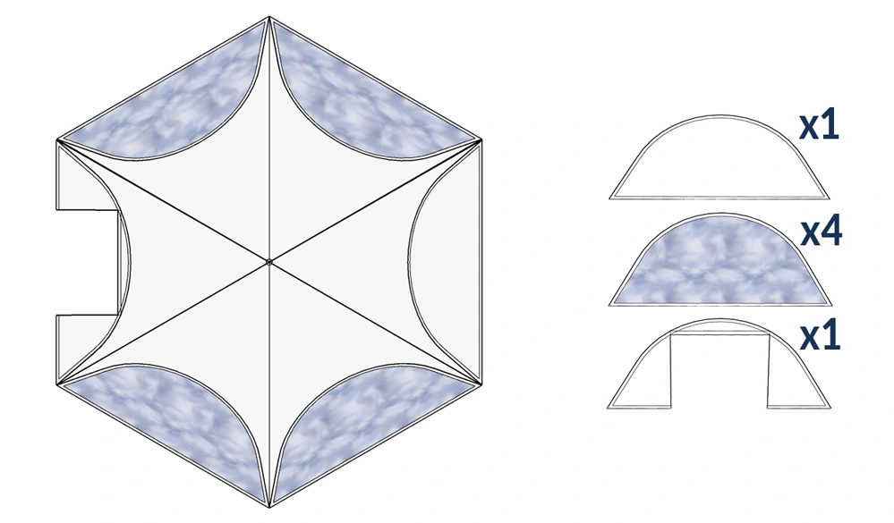 Plan plat de la tente étoile de 14m de diamètre et ses 6 murs